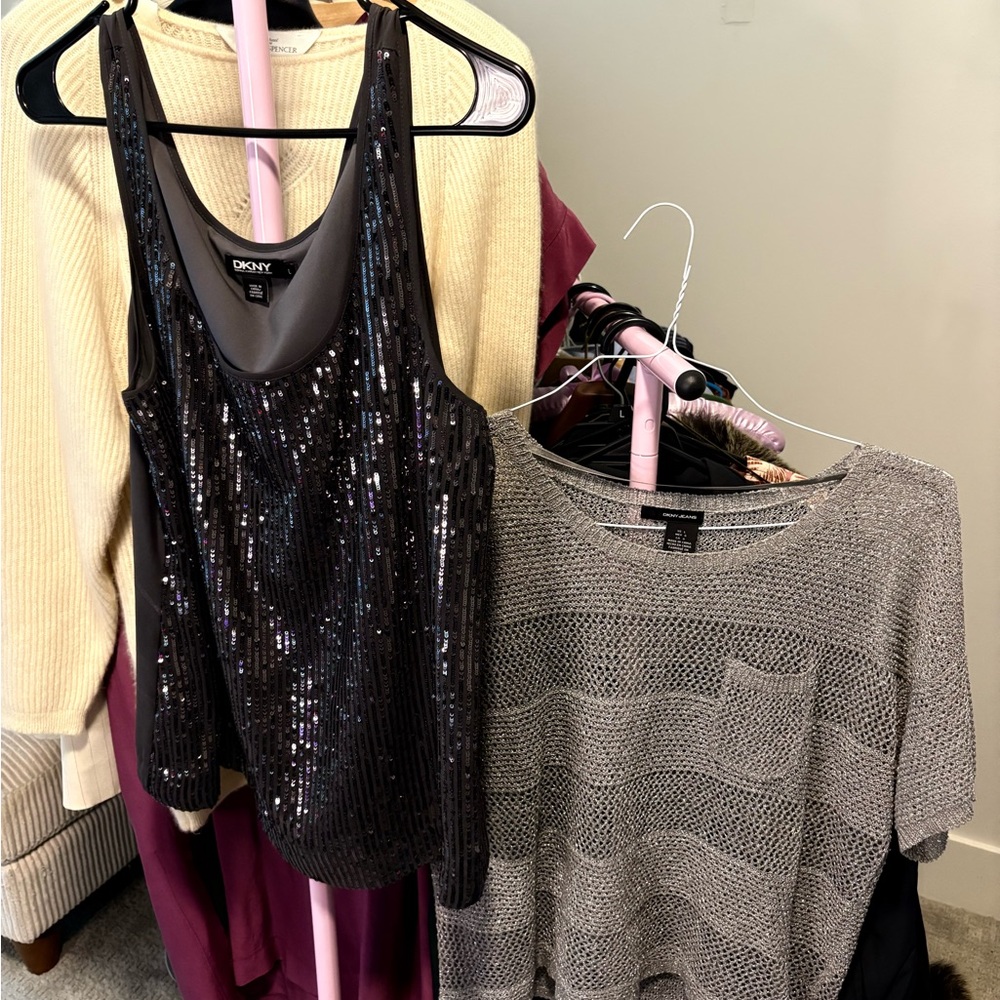 DKNY Black Sequin Tank Top and Shimmer Mesh Shirt Y2K Going Out Tops